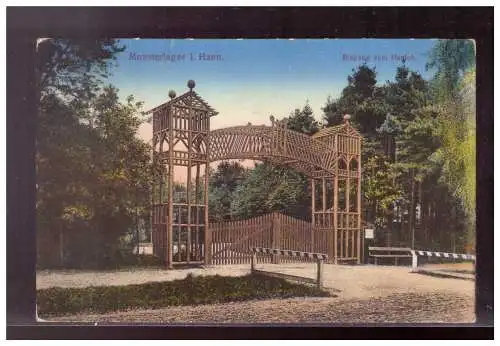 [Propagandapostkarte] DT-Reich (021807) Propaganda AK, Munsterlager i Hann., Truppenlager, Eingang zum Hanloh, gelaufen Munster 2.2.1915. 