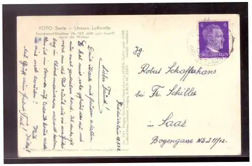 [Propagandapostkarte] Dt- Reich (021842) Propagandakarte, Unsere Luftwaffe, Sturzkampf-Einsitzer Hs123 stößt zum Angriff durch die Wolken, gel. 