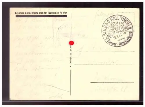 [Propagandapostkarte] Dt- Reich (021947) Propaganda, AK mit Truppenstempel zart abgeschlagen und SST Solbad Hall Tirol 10.1.1941. 