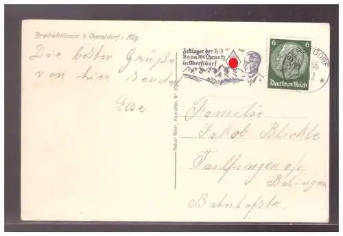 [Propagandapostkarte] Dt- Reich (022034) AK Breitachklamm mit Postwerbestempel Zeltlager der HJ Bann 104 Chemnitz in Obersdorf, gel Obersdorf. 