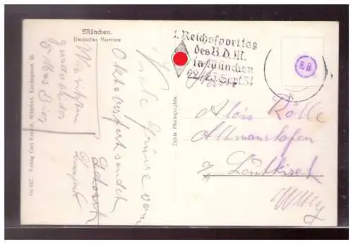 [Propagandapostkarte] Dt- Reich (022047) Postkarte München Deutsches Museum, gelaufen mit Werbestempel 1. Reichssporttag des BDM im München. 