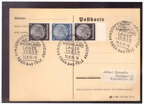 [Propagandapostkarte] Dt- Reich (022050) Postkarte mit ZD  S174 gelaufen mit Sonderstempel Hochlandlager 1939 Bad Tölz am 10.8.1939. 