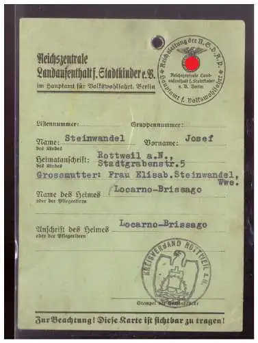 Dt- Reich (022075) Ausweis, Reichszentrale Landaufenthalt f. Stadtkinder, Hauptamt für Volkswohlfahrt, Berlin, gebraucht