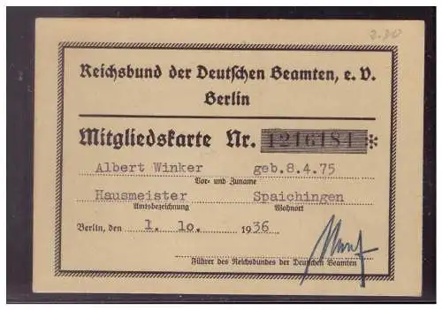 Dt- Reich (022079) Mietgliedeskarte Reichsbund der Deutschen Beamten, Berlin, ausgestellt am 1.10.1936