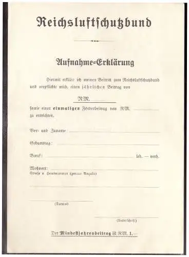Dt- Reich (022103) Reichsluftbund Aufnahme Erklärung, ungebraucht