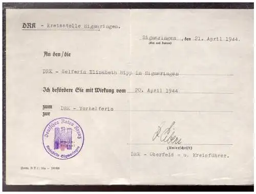 Dt- Reich (022107) DRK (Deutsches Rotes Kreuz) Beförderung zur DRK Vorhelferin, SIgmaringen 21.4.1944 mit Dienststempel