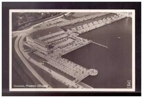 [Echtfotokarte schwarz/weiß] Dt- Reich (022116) AK Gaststätte Maschsee mit Werbestempel, Jeder Deutsche trägt das Zeichen des Wehrhaften Geistes, gel. 