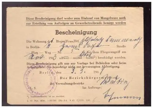 Dt- Reich (022169) Bescheinigung Fliegerangriff, 1943, Total beschädigt worden mit Dienststempel Berlin