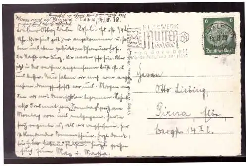 [Propagandapostkarte] Dt- Reich (022170) AK Strahsund, Luftaufnahme, mit Werbestempel Hilfswerk Mutter und Kind, gelaufen Strahlsund am 14.8. 