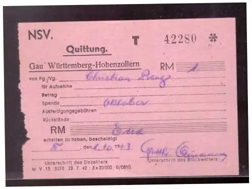 Dt- Reich (022181) Quittung NSV Gau- Württemberg- Hohenzollern über 1 RM vom 1.10.1943