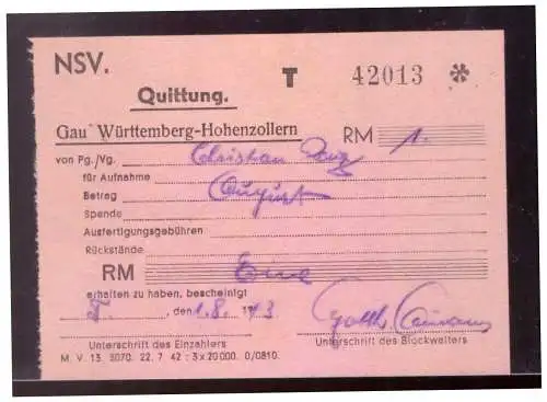 Dt- Reich (022182) Quittung NSV Gau- Württemberg- Hohenzollern über 1 RM vom 1.8..1943