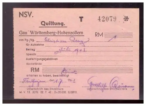 Dt- Reich (022183) Quittung NSV Gau- Württemberg- Hohenzollern über 1 RM vom 1.7.1942