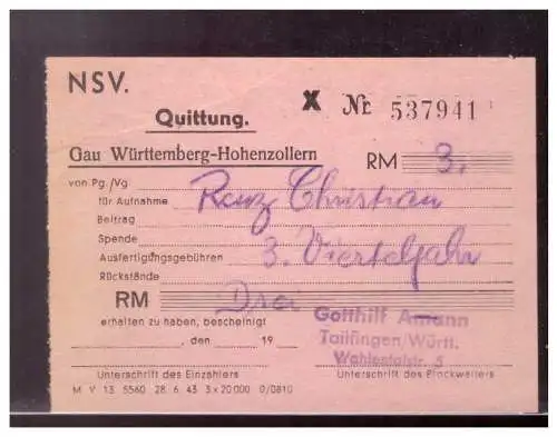 Dt- Reich (022184) Quittung NSV Gau- Württemberg- Hohenzollern über 3 RM 