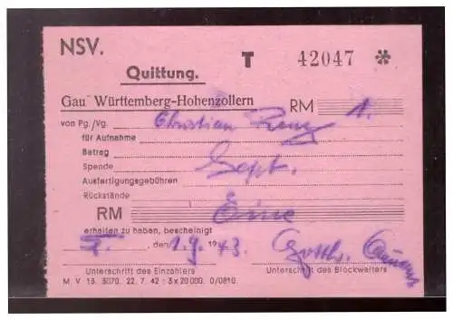 Dt- Reich (022185) Quittung NSV Gau- Württemberg- Hohenzollern über 1 RM vom 1.9.1943