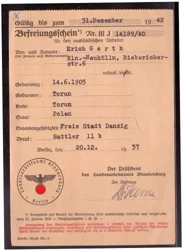 Dt- Reich (022206) Befreiungsschein für ausländische Arbeiter gültig bis 31.12.1942, für Sattler aus Danzig
