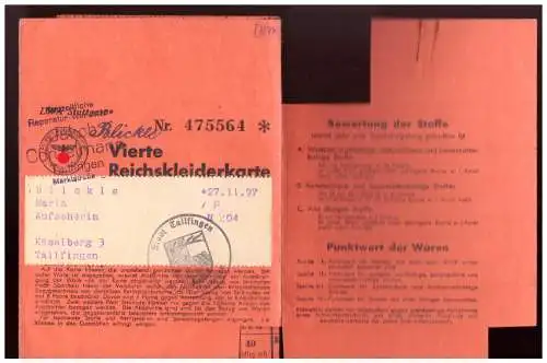 Dt- Reich (022219) benutzte Vierte Reichskleiderkarte, Stadt Tallfingen
