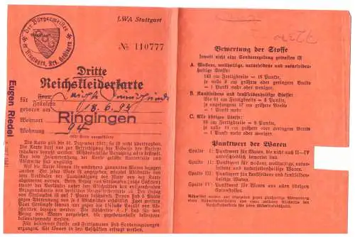 Dt- Reich (022223) benutzte drutte Reichskleiderkarte, Stadt Ringingen