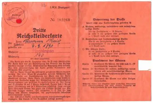 Dt- Reich (022224) benutzte drutte Reichskleiderkarte, Stadt Fischingen