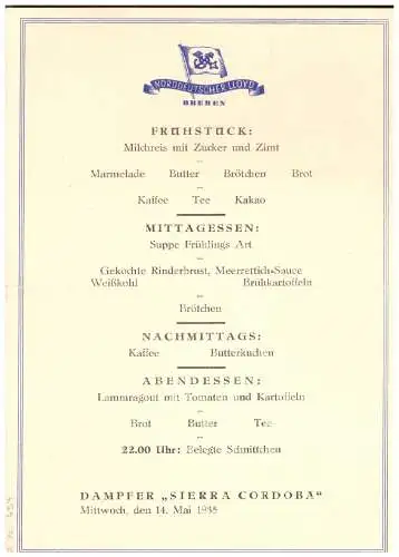 [Propagandapostkarte] Dt- Reich (022253) KDF Speisekarte Dampfer Sierra Cordoba, AK Hafenansicht Bremen, ungebraucht. 