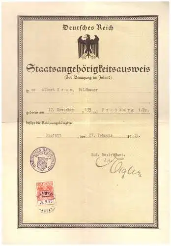 Dt- Reich (022255) Staatsangehörigkeitsausweis, zur Benutzung im Inland, ausgestellt 27.2.1935 Rastatt