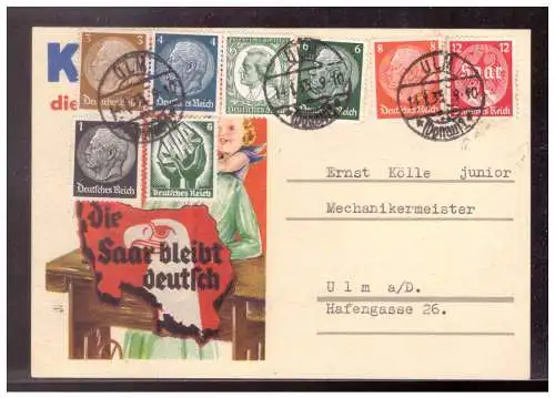 [Propagandapostkarte] Dt- Reich (022309) Postkarte mit Propagandazudruck, Die Saar bleibt Deutsch, Vorder und Rückseite, gelaufen. 