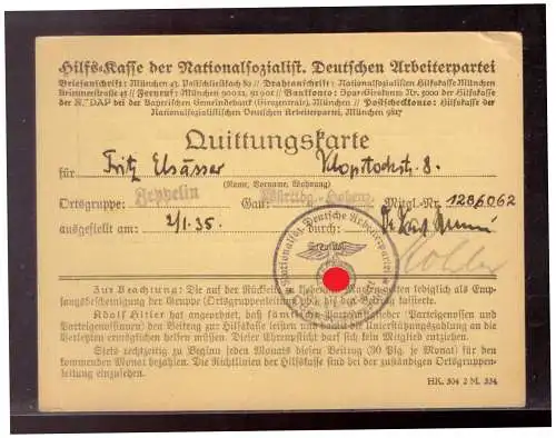 Dt- Reich (022459) Propaganda, Ausweis Hilfs-Kasse der Natiomalsozialist. Deutschen Arbeiterpartei, mit Beitragsmarken