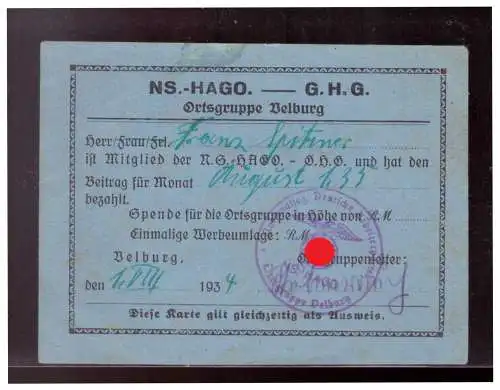Dt- Reich (022461) Propaganda, Quittung Beitrag NS.- Hago (Nationalsozialistischer Kampfbund) August 1933