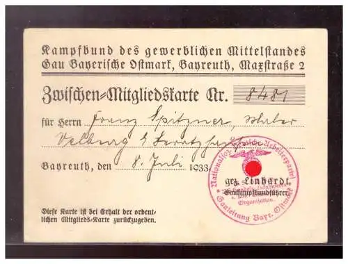 Dt- Reich (022462) Propaganda, Zwischen Mitgliedskarte Nationalsozialistischer Kampfbund, Bayreuth 8.Juli 1933