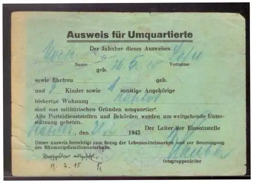 Dt- Reich (022470) Ausweis für Umquartierte, Gau Oberfranken vom 28.1.1945