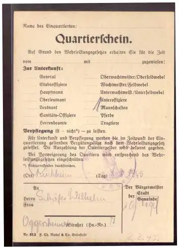 Dt- Reich (022471) Quartierschein vom 2.2.1945!! sehr Spät!
