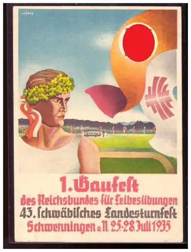 [Propagandapostkarte] Dt- Reich (022615) Seltene Propagandakarte 1. Gaufest des Reichsbundes für Leibesübungen Schwenningen 25.-28.7.1935 gela. 