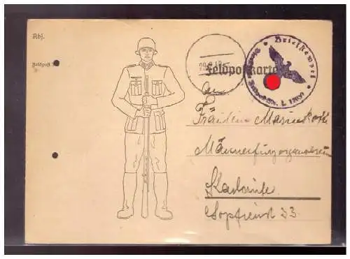 [Propagandapostkarte] Dt- Reich (022620) Feldpostkarte mit Zudruck, gelaufen mit Adler Briefstempel L12030 am 29.2.1940, Aktengelocht. 