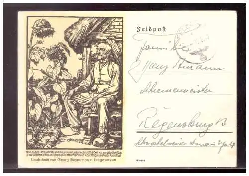 [Propagandapostkarte] Dt- Reich (022625) Feldpostkarte mit Zudruck, Linolschnitt von Georg Sluyterman v. Langeyde gelaufen 12.8.1942. 