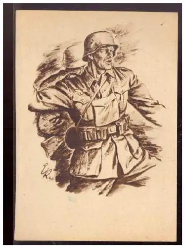 [Propagandapostkarte] Dt- Reich (022626) Feldpostkarte mit Zudruck Zeichnung Uffz Ernst Kretschmann gelaufen mit Hand Notstempel mit Feldpost. 