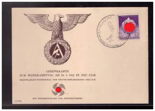 [Propagandapostkarte] Dt-Reich (022660) Propaganda Gedenkkarte Wehrkampftag am 29.9.1942 mit Sonderstempel Neu- Ulm. 