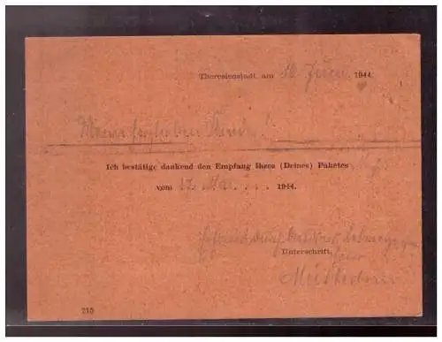 [Propagandapostkarte] BM (022693) Postkarte Theresienstadt Dank für die Zusendung eines Paketes an das Mütterheim, gel. 16.6.1944. 
