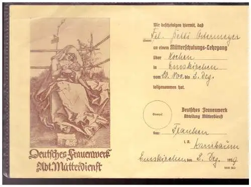 Dt- Reich (022740) Propaganda Deutsches Frauenwerk Abt. Mutterdienst, Lehrgangsbescheinigung Kochen