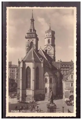 [Echtfotokarte schwarz/weiß] (022768)  AK Stuttgart Stiftskirche gelaufen Stuttgart mit Post Werbestempel Deuschlandflug am 30.5.1938. 