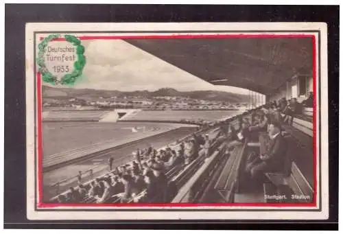 [Echtfotokarte schwarz/weiß] Dt- Reich (022781) AK 15. Deutsches Turnfest 1933 Stuttgart, Stadion, gelaufen mit Werbestempel zum Sportfest am 29.7.19. 