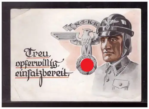 [Propagandapostkarte] Dt- Reich (022830) PropagandaKarte NSKK Treu, opferwillig, einsatzbereit, ungebraucht, die Karte ist extrem selten. 