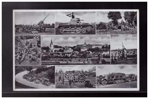 [Ansichtskarte] Dt- Reich (022865) Propaganda AK Mehrfelderkarte Stadt Hollabrunn mit verschiedenen Waffenarten Panzer..., gel 17.4.1942. 