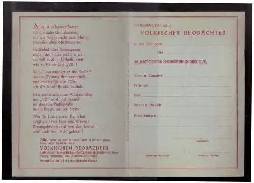 [Echtfotokarte schwarz/weiß] Dt- Reich (022896) Propaganda Klappkartedes Völkischen Beobachters zur Nachsendung in den Aufenthaltort, ungebraucht. 