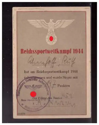 [Echtfotokarte schwarz/weiß] Dt- Reich (022899) Propaganda HJ- Teilnehmerausweis Reichssportwettkampf 1944, Bann 452 Blankenburg mit Dienststempel. 
