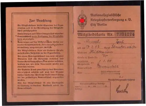 Dt- Reich (022900) Mitgliedskarte Nationalsozialistische Kriegsopferversorgung e.V. Sitz Berlin mit Beitragsmarken 44/45