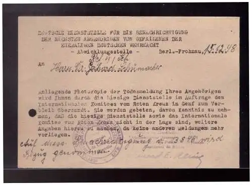 Dt- Reich (022903) Aktennotiz vom 15.12.1948 Abwicklungsstelle Todesnachricht eines Gefallenen der ehemaligen Deutschen 