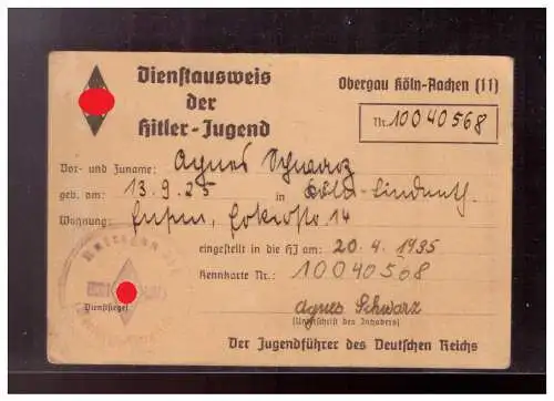 Dt- Reich (022919) Dienstausweis der Hitler- Jugend ausgestellt am 20.4.1935 Obergau Köln- Aachen (11) ohne Beitragsmark