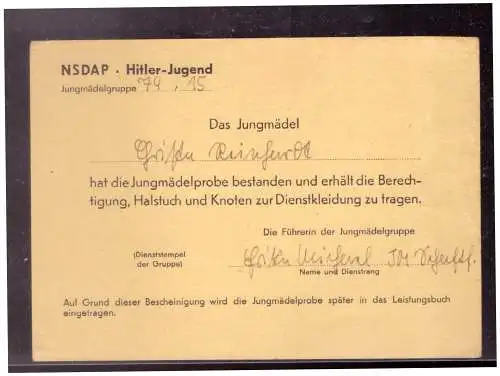 Dt- Reich (022923) Propaganda Bund Deutscher Mädel, Bescheinungung zur bestandenen Jungmädelprobe