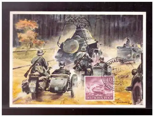 [Propagandapostkarte] Dt- Reich (022957) Propaganda Maximumkarte , Aufklärungstrupp mit Panzerspähwagen im Vormarsch  SST Mühlhausen 16.5.1943. 