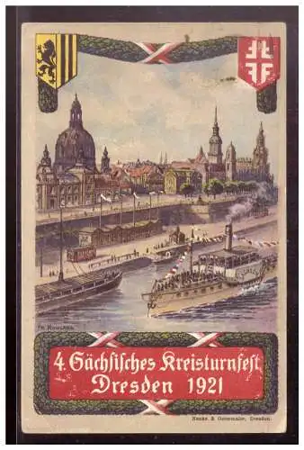 [Werbepostkarte] Dt- Reich (022962) AK 4. Sächsisches Kreisturnfest Dresden 1921, Festpostkarte NR 2 Frauenkirche, gelaufen Dresden 17.7. 