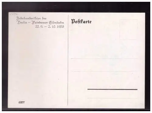 [Ansichtskarte] AK (023007) Jahrhundertfeier für Berlin- Potsdamer Eisenbahn 1938, ungebraucht. 